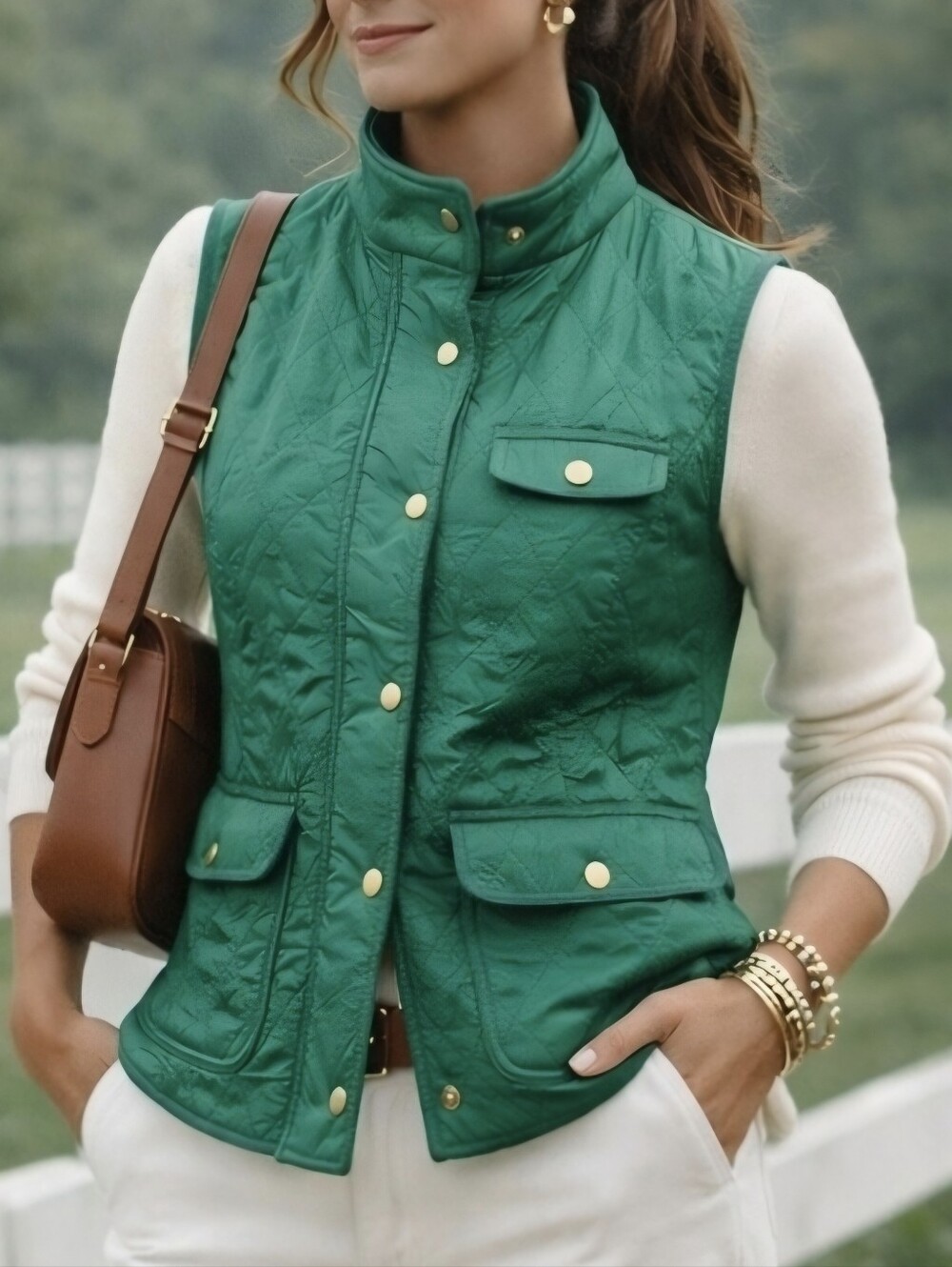 Talbots Quilted Green Vest Women’s Medium Classic Equestrian Preppy Snap Front